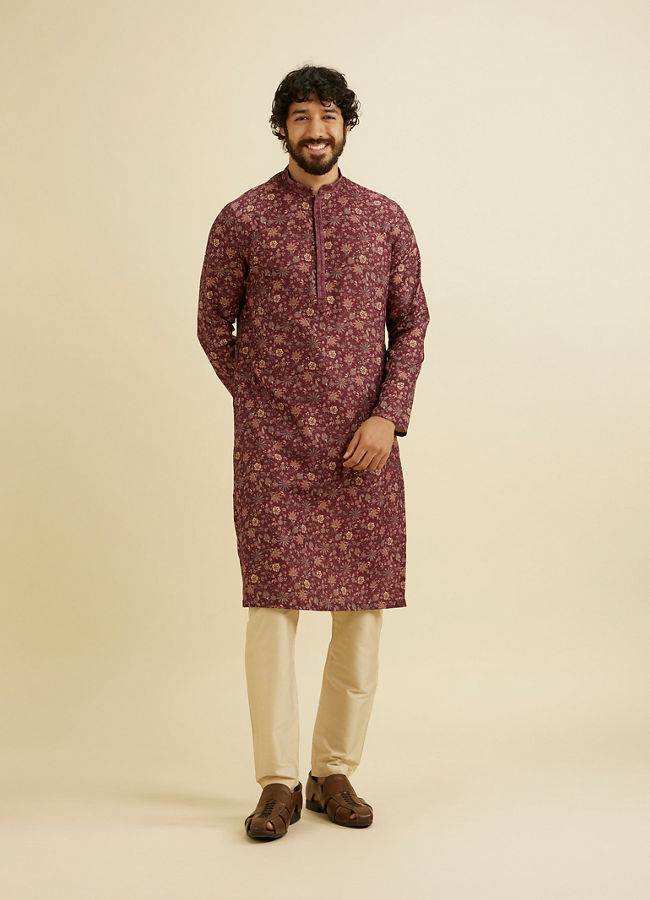 Manyavar Men Wine Red Bel Buti Printed Kurta Set