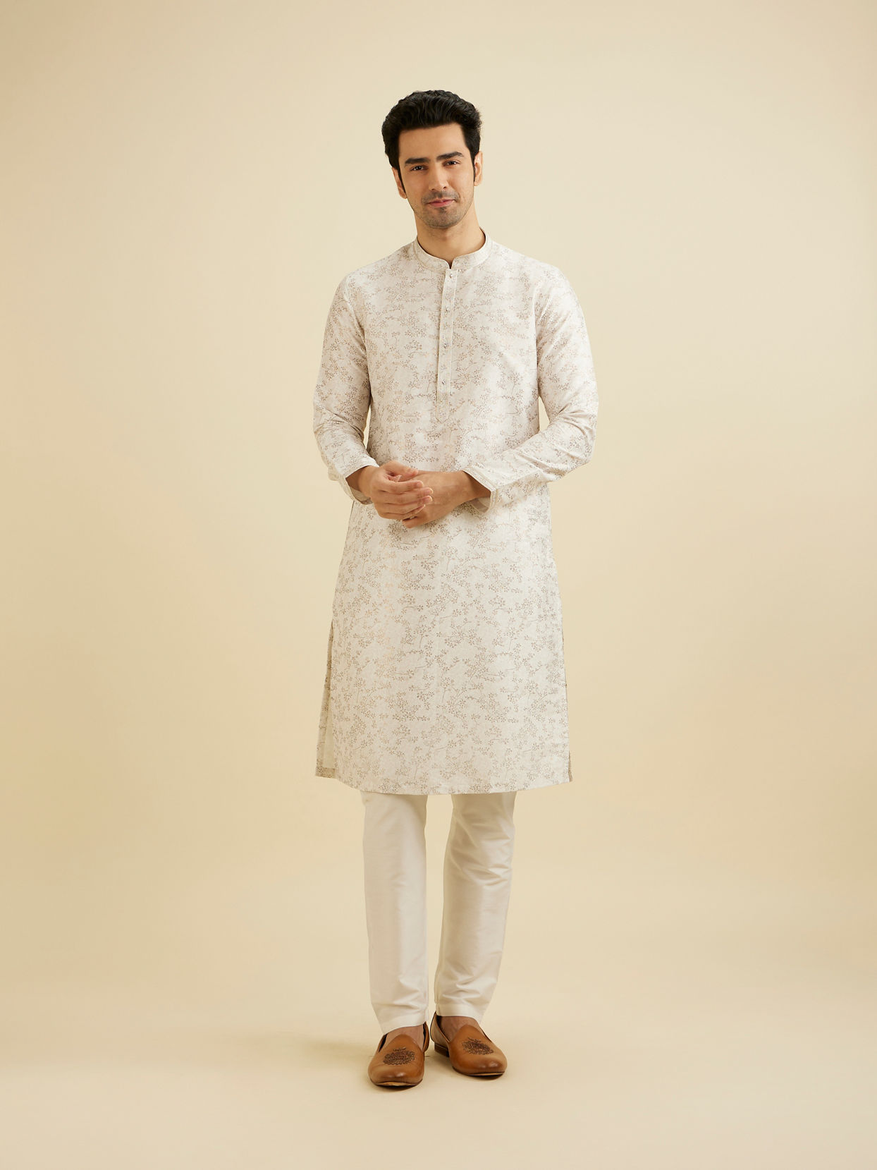 Manyavar Men Warm White Bel Buti Printed Kurta Set