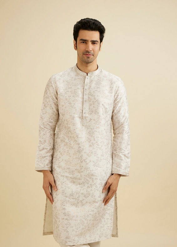 Manyavar Men Warm White Bel Buti Printed Kurta Set