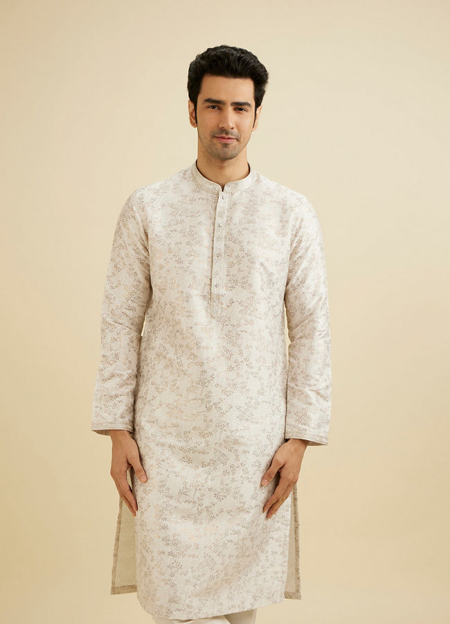 Manyavar Men Warm White Bel Buti Printed Kurta Set