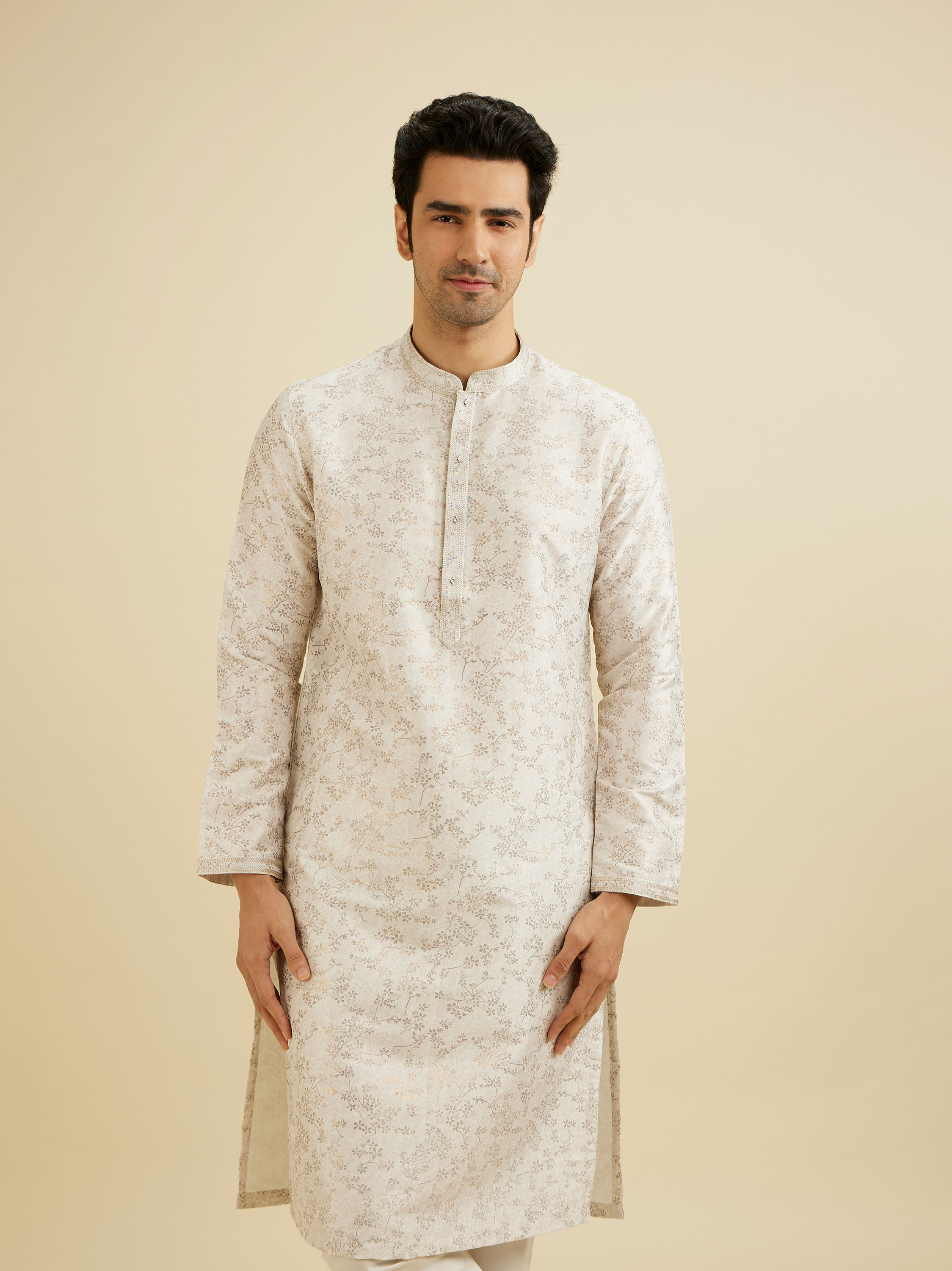 Manyavar Men Warm White Bel Buti Printed Kurta Set