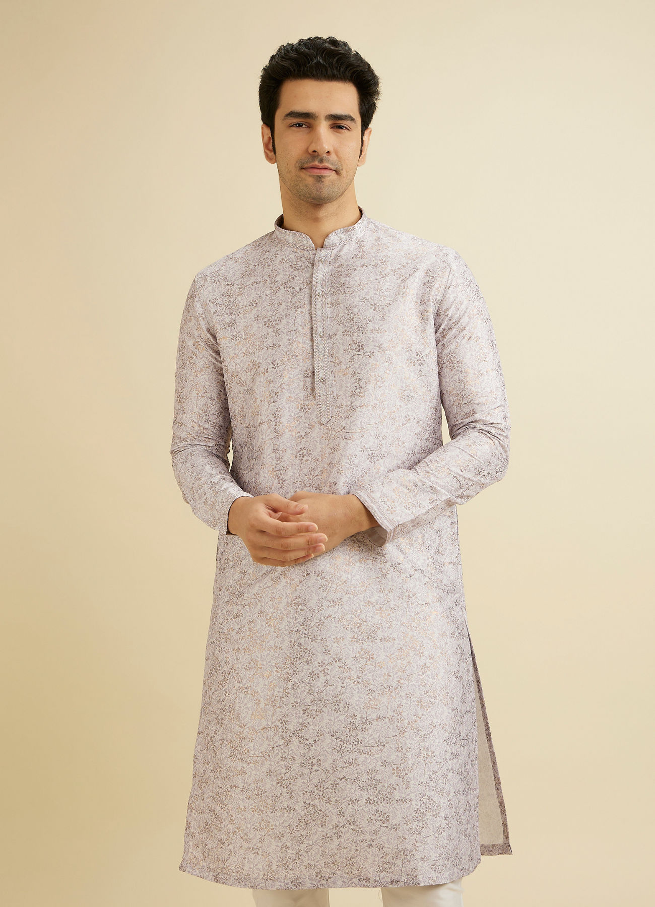 Manyavar Men Soft Lilac Bel Buti Printed Kurta Set