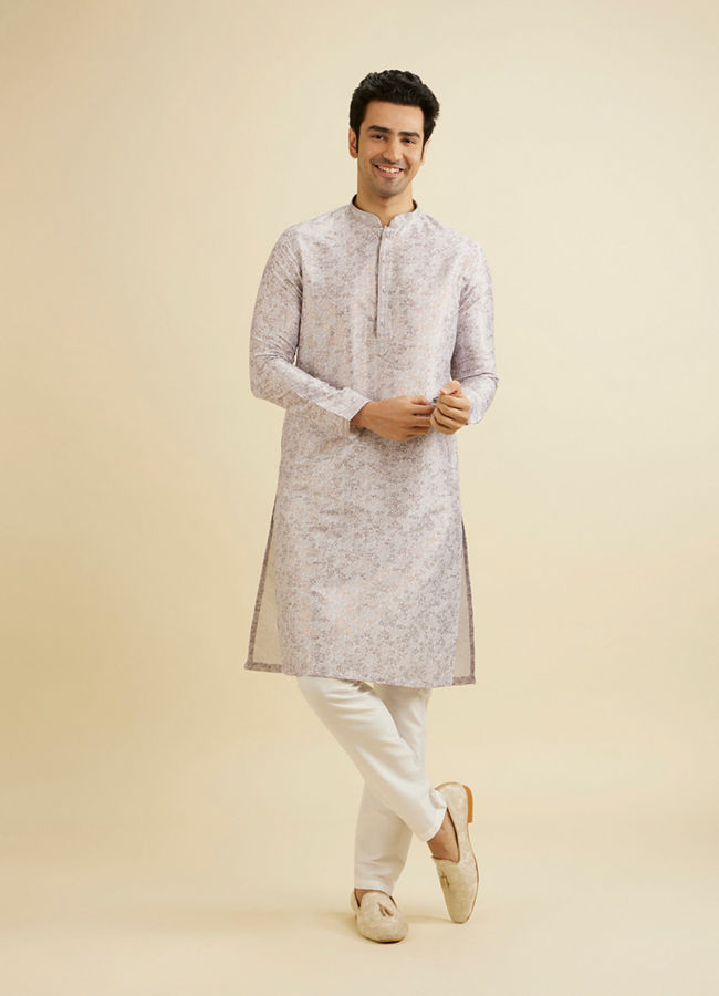 Manyavar Men Soft Lilac Bel Buti Printed Kurta Set