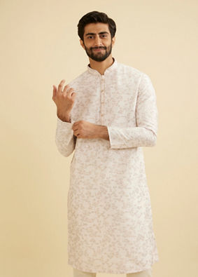 Manyavar Men Baby Pink Floral Vine Patterned Kurta Set