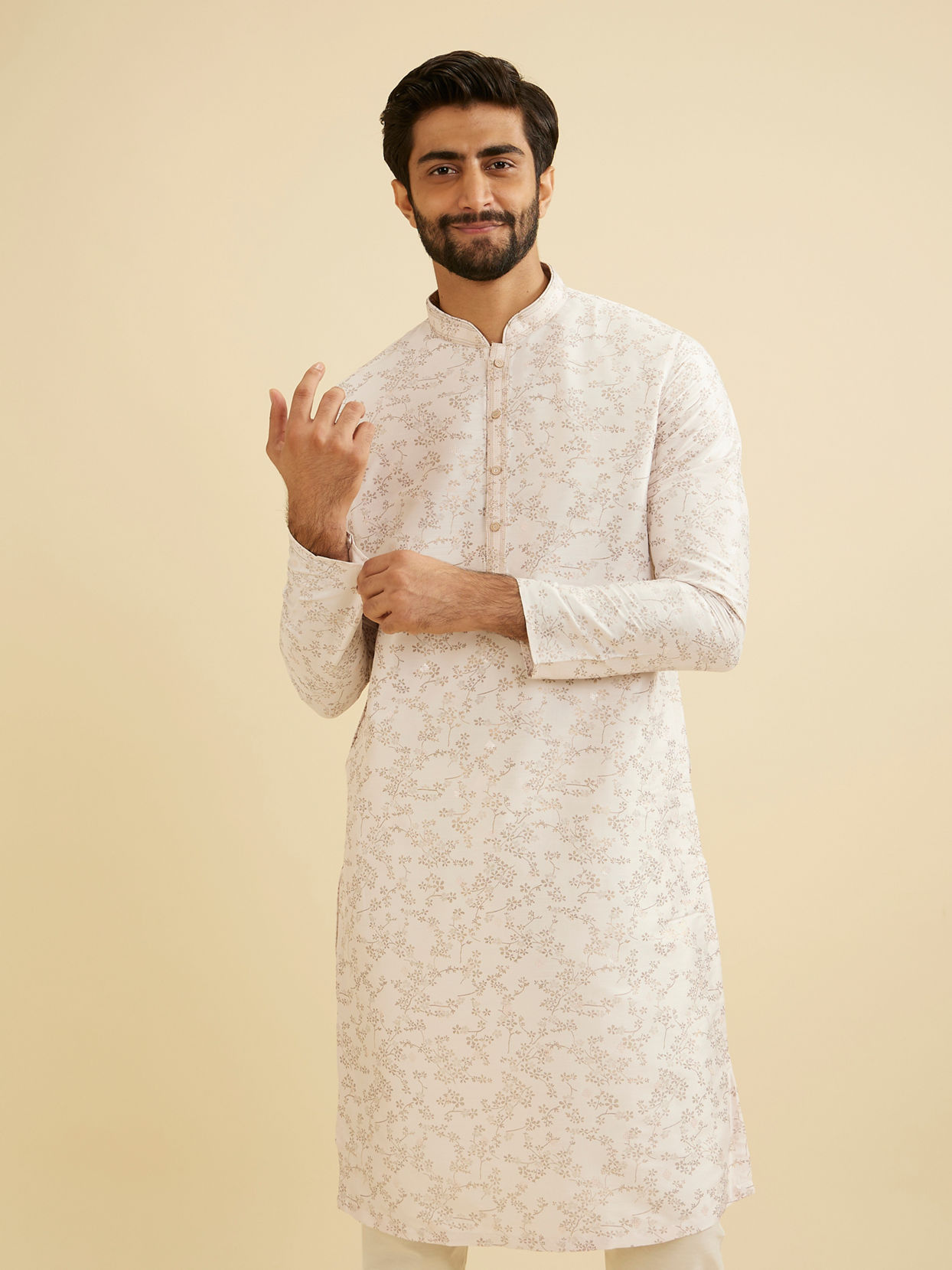 Manyavar Men Baby Pink Floral Vine Patterned Kurta Set