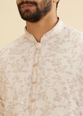 Manyavar Men Baby Pink Floral Vine Patterned Kurta Set