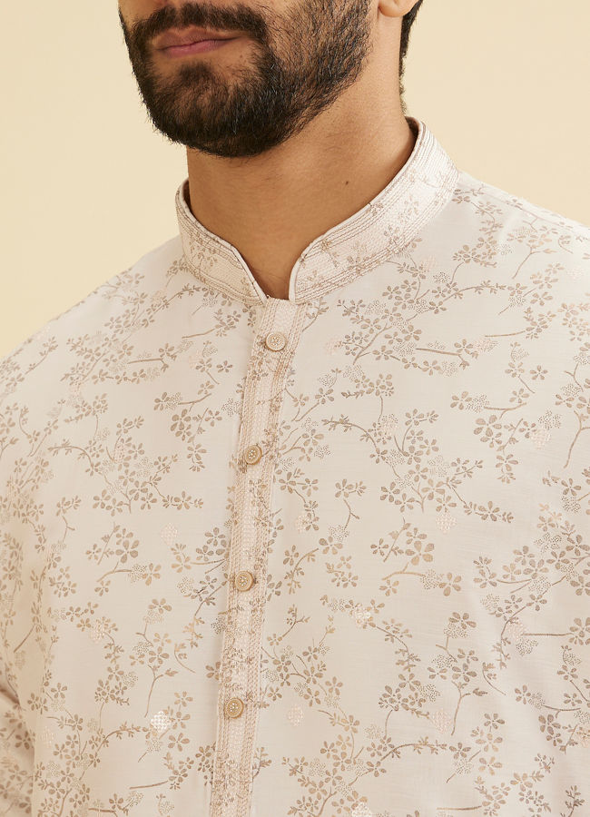 Manyavar Men Baby Pink Floral Vine Patterned Kurta Set