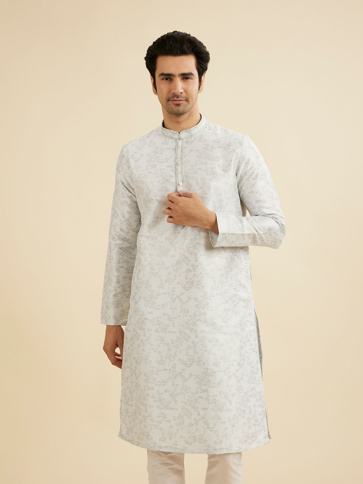 Manyavar Men Ice Blue Floral Vine Patterned Kurta Set