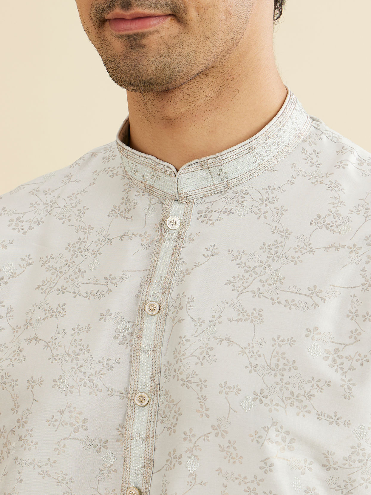 Manyavar Men Ice Blue Floral Vine Patterned Kurta Set