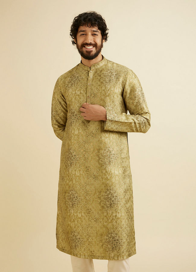 Manyavar Men Mehndi Green Kurta Set with Abstract & Paisley Print image number 0