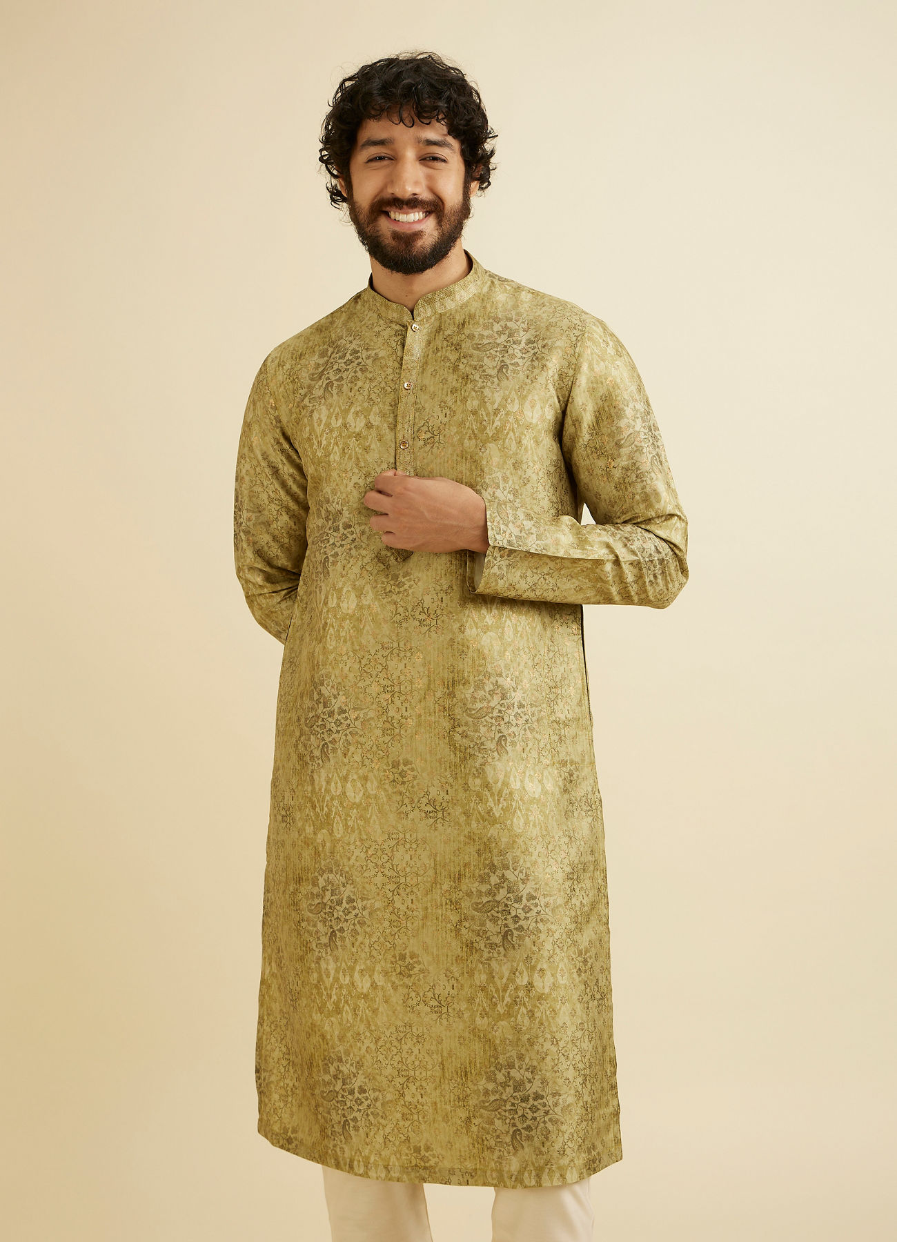 Manyavar Men Mehndi Green Kurta Set with Abstract & Paisley Print