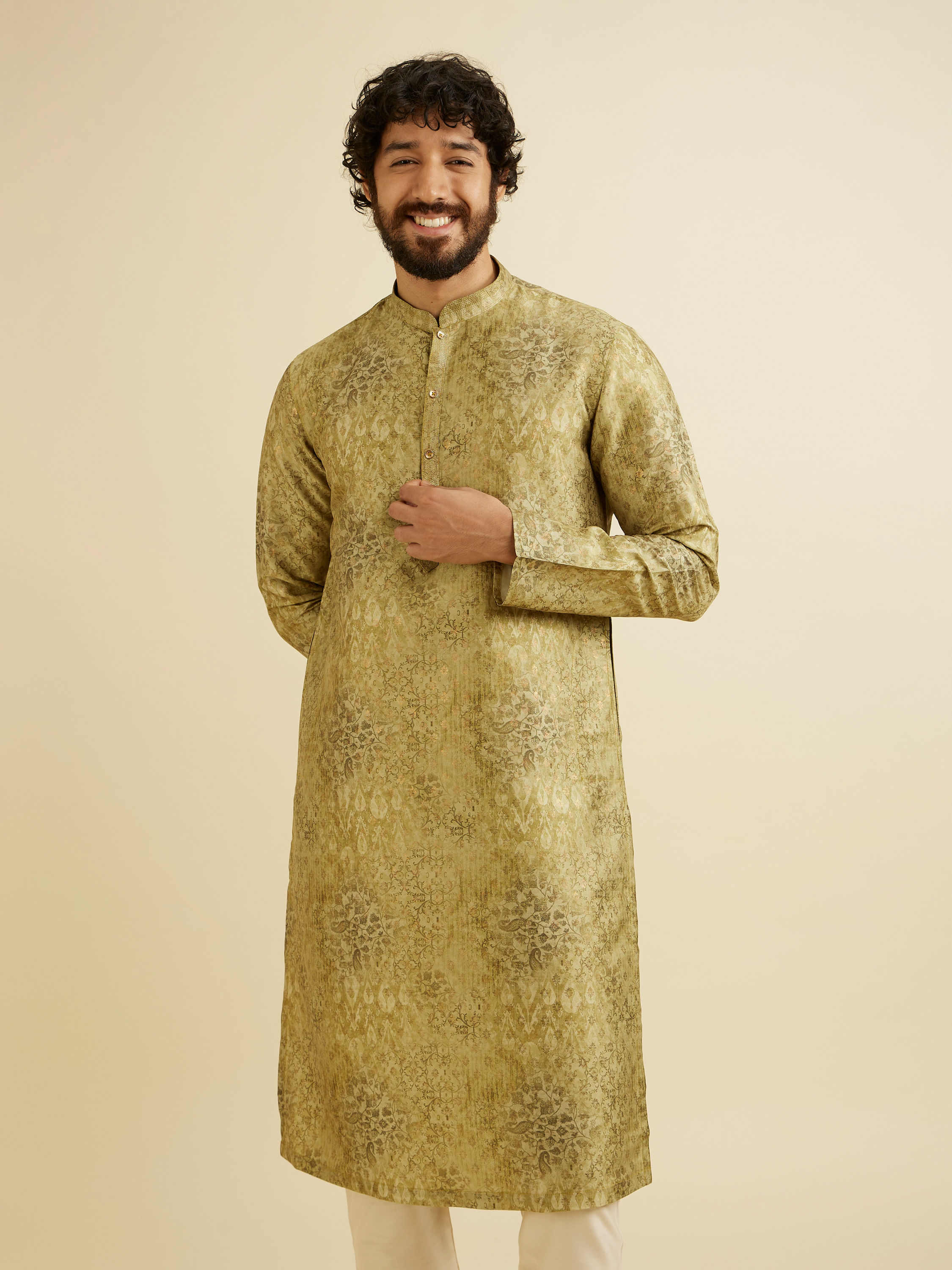 Manyavar Men Mehndi Green Kurta Set with Abstract & Paisley Print