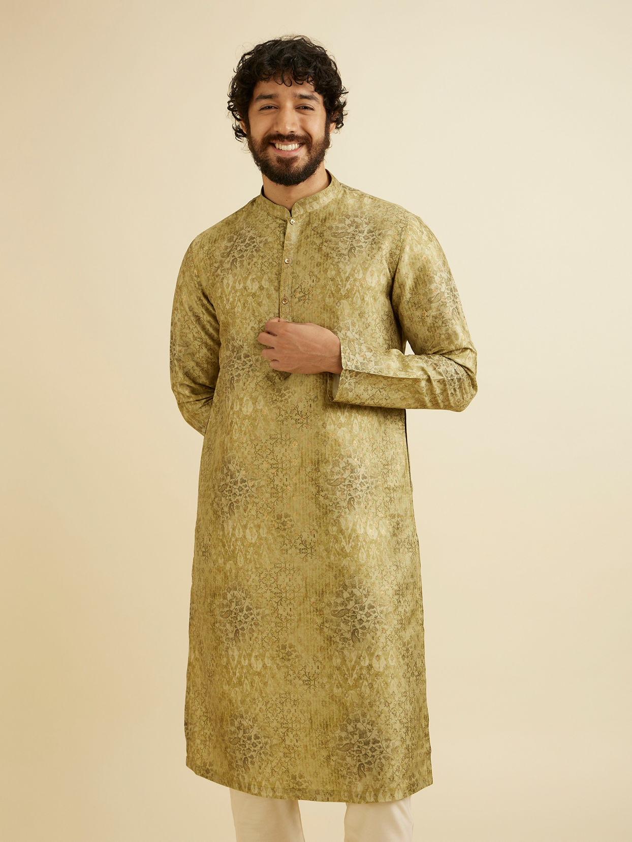 Manyavar Men Mehndi Green Kurta Set with Abstract & Paisley Print image number 0