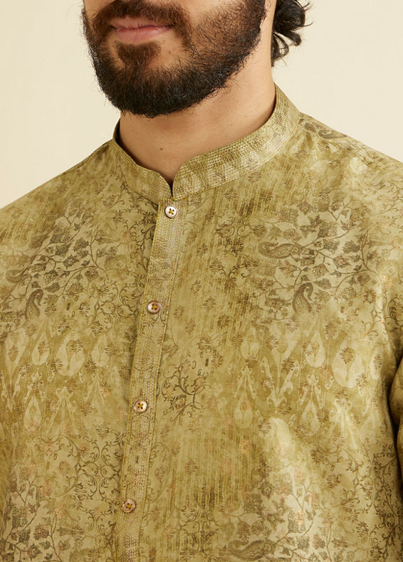 Manyavar Men Mehndi Green Kurta Set with Abstract & Paisley Print