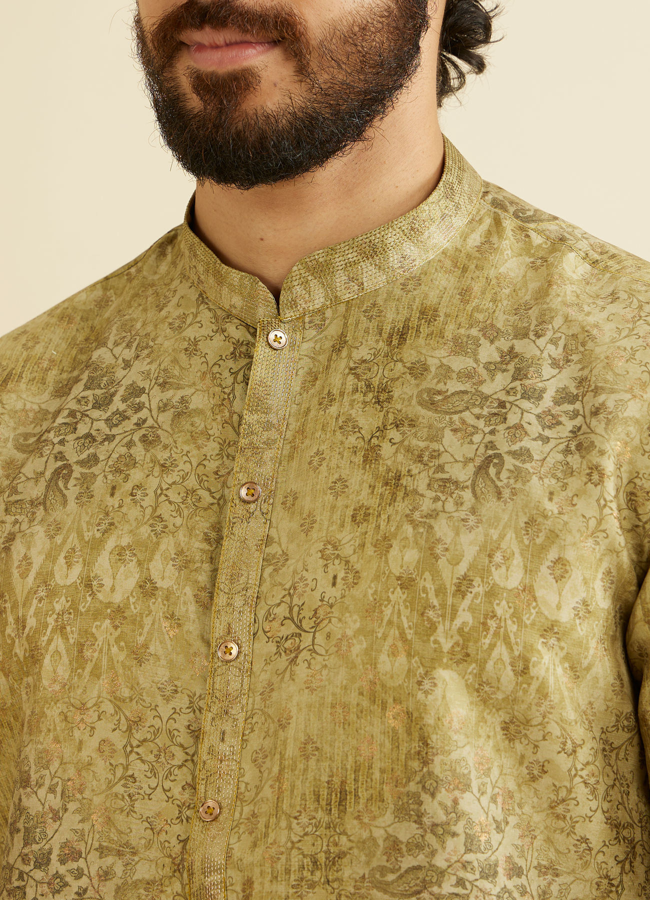 Manyavar Men Mehndi Green Kurta Set with Abstract & Paisley Print