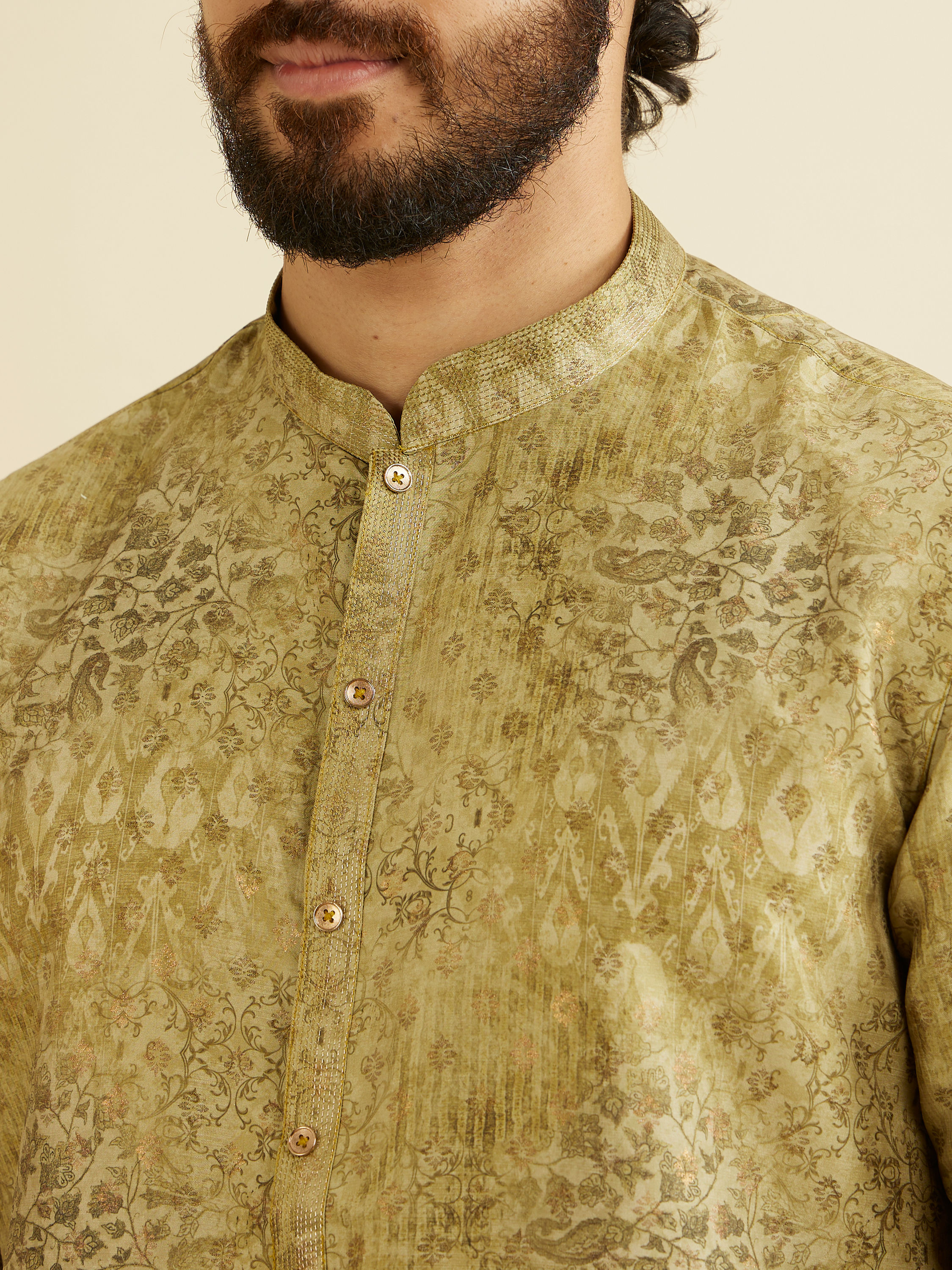 Manyavar Men Mehndi Green Kurta Set with Abstract & Paisley Print