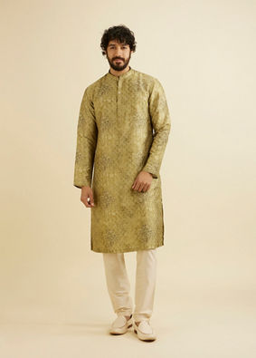 Manyavar Men Mehndi Green Kurta Set with Abstract & Paisley Print image number 2