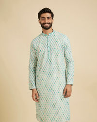 Manyavar Men Aqua Green Chikankari Printed Kurta Set with Sequin Work