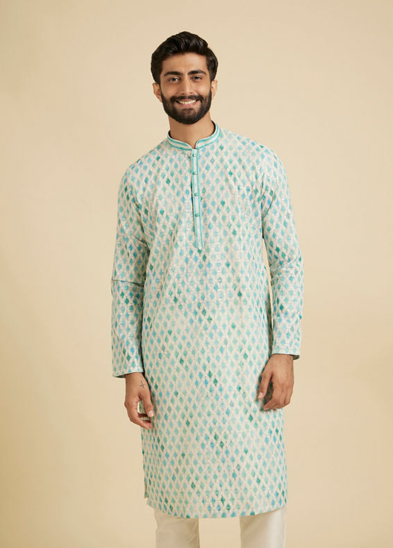 Manyavar Men Aqua Green Chikankari Printed Kurta Set with Sequin Work