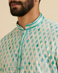 Manyavar Men Aqua Green Chikankari Printed Kurta Set with Sequin Work