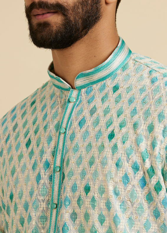 Manyavar Men Aqua Green Chikankari Printed Kurta Set with Sequin Work