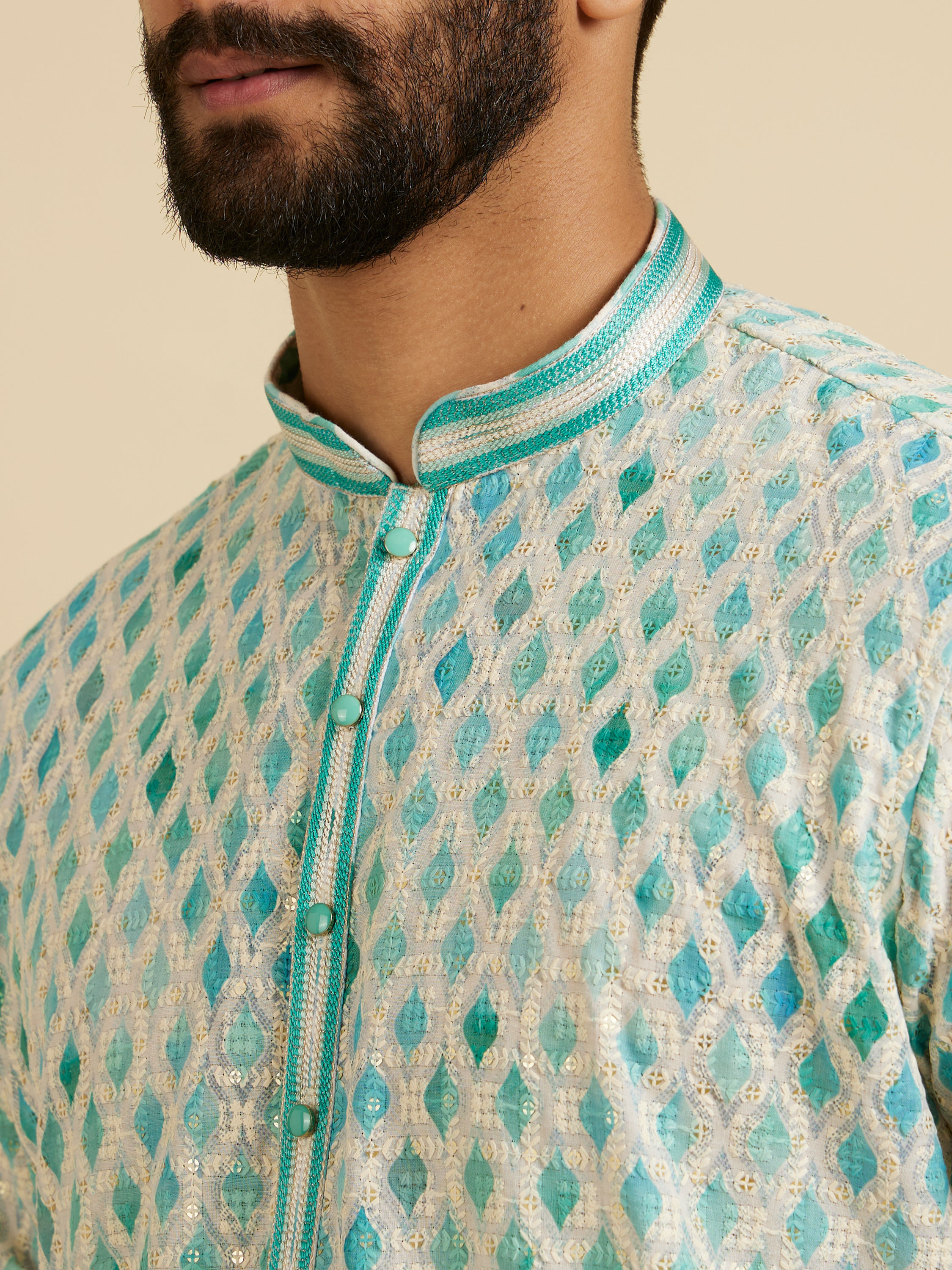 Manyavar Men Aqua Green Chikankari Printed Kurta Set with Sequin Work