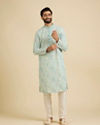 Manyavar Men Aqua Green Chikankari Printed Kurta Set with Sequin Work