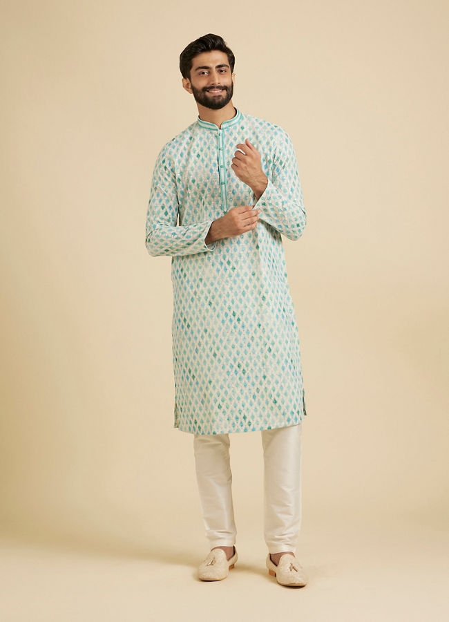 Manyavar Men Aqua Green Chikankari Printed Kurta Set with Sequin Work