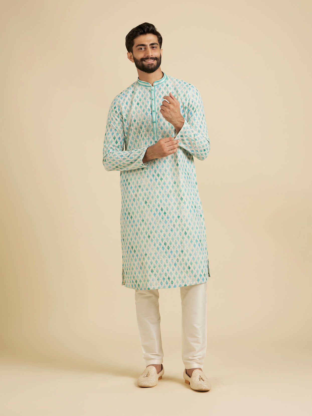 Manyavar Men Aqua Green Chikankari Printed Kurta Set with Sequin Work
