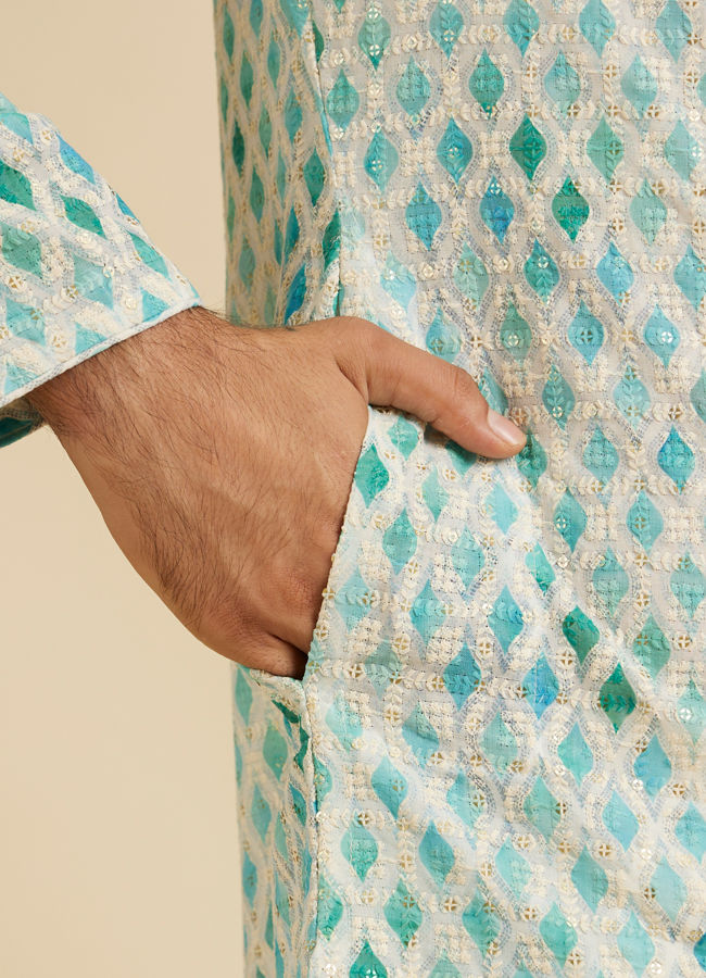 Manyavar Men Aqua Green Chikankari Printed Kurta Set with Sequin Work
