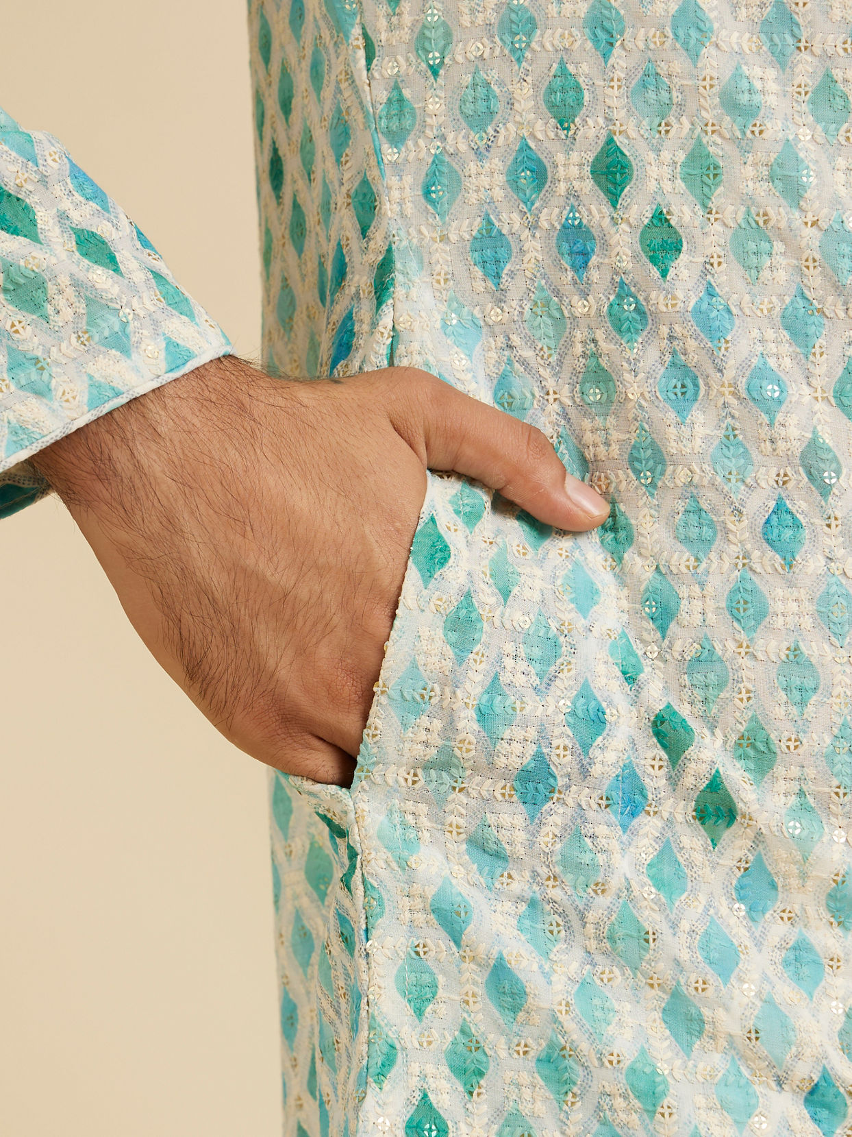 Manyavar Men Aqua Green Chikankari Printed Kurta Set with Sequin Work