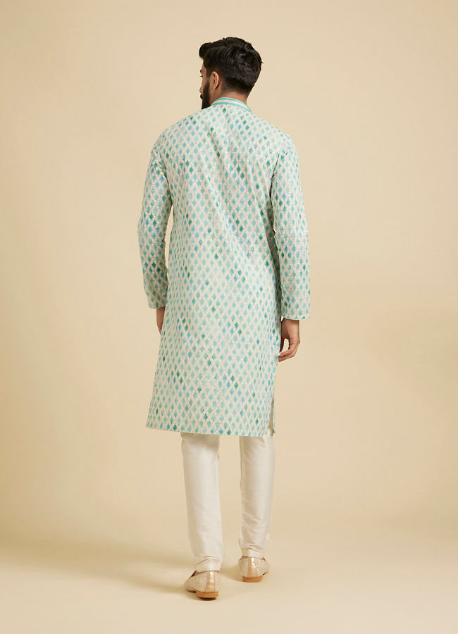 Manyavar Men Aqua Green Chikankari Printed Kurta Set with Sequin Work