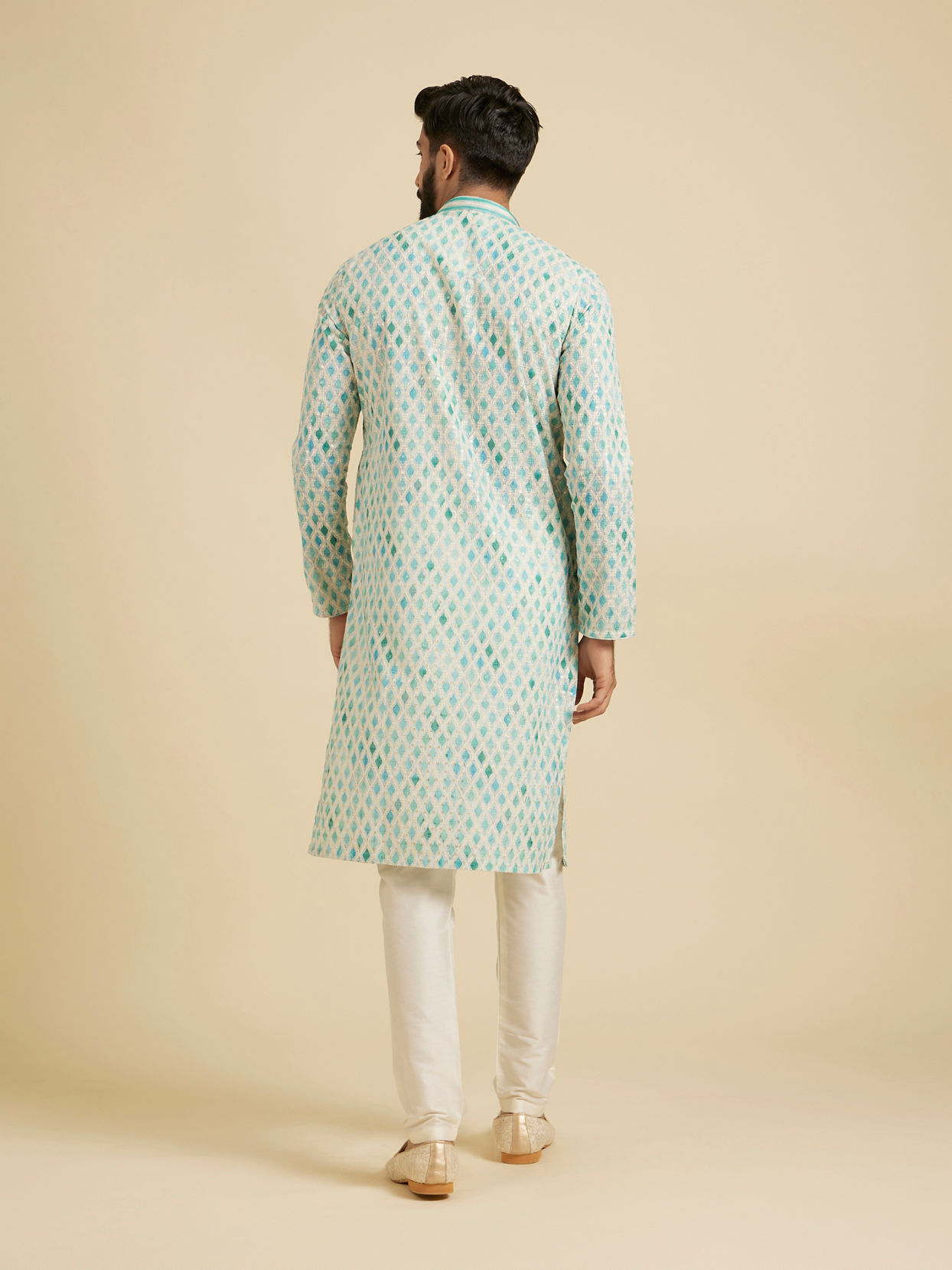 Manyavar Men Aqua Green Chikankari Printed Kurta Set with Sequin Work