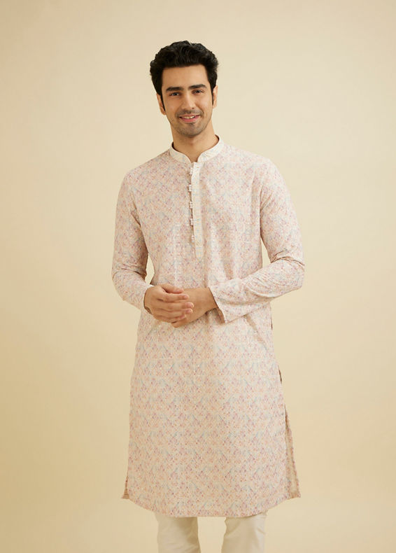 Manyavar Men Baby Pink Chikankari Print Kurta Set with Sequin Work