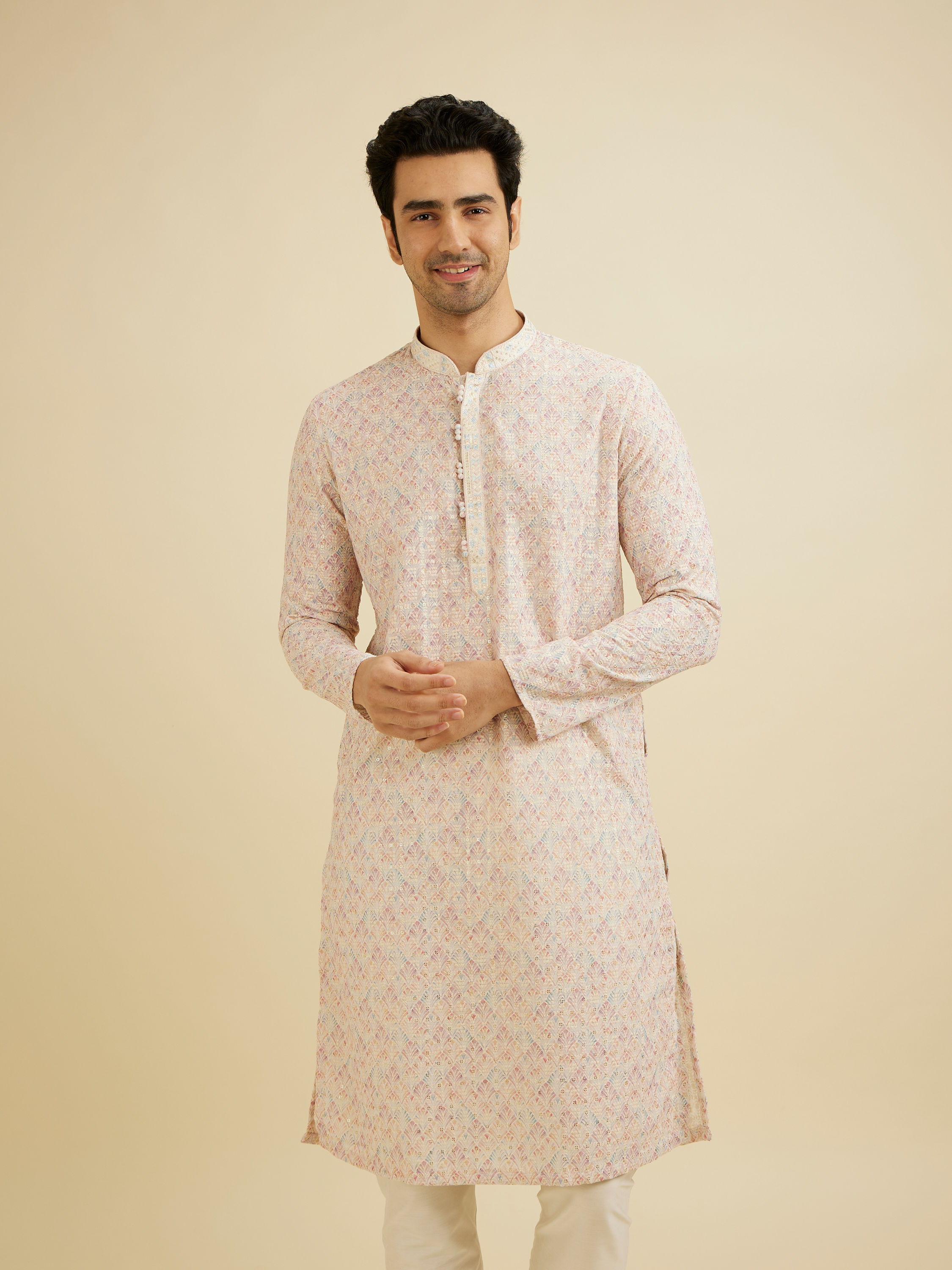 Manyavar Men Baby Pink Chikankari Print Kurta Set with Sequin Work