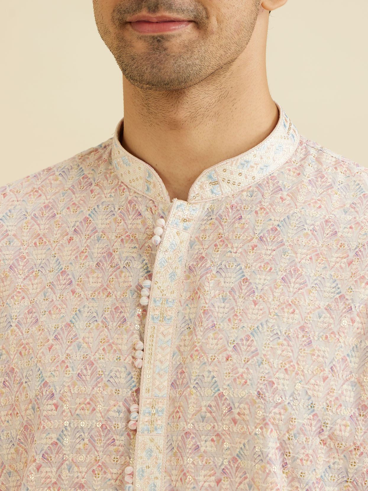 Manyavar Men Baby Pink Chikankari Print Kurta Set with Sequin Work