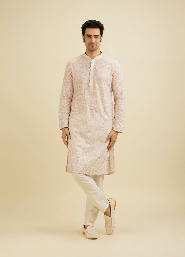 Manyavar Men Baby Pink Chikankari Print Kurta Set with Sequin Work