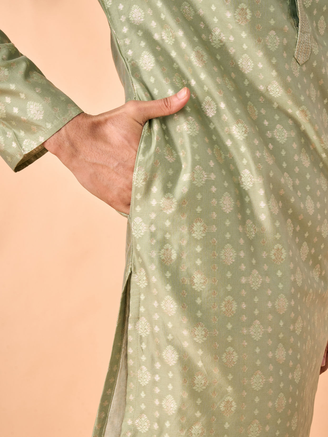 Manyavar Men Regal Brocade Green Kurta Pajama