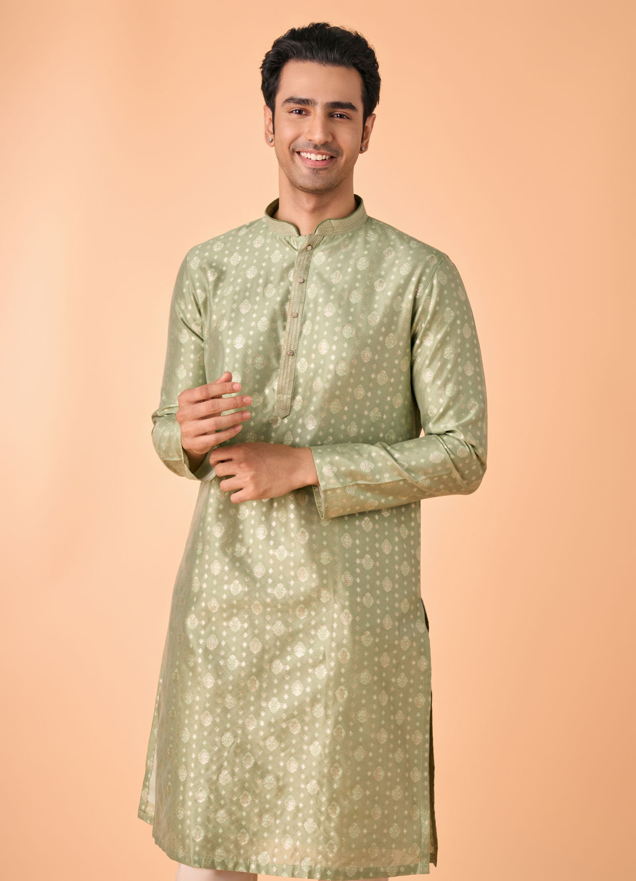 Manyavar Men Regal Brocade Green Kurta Pajama