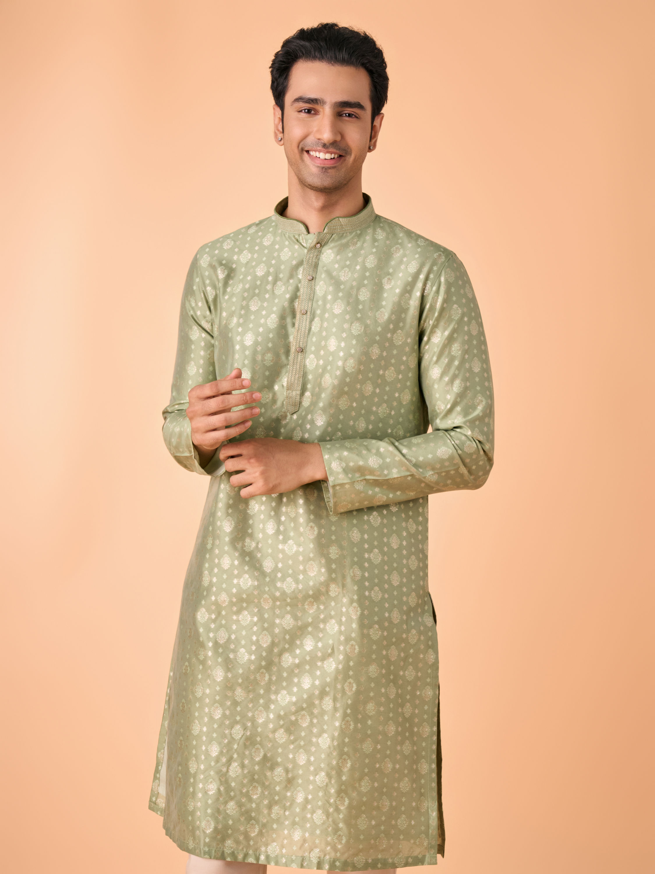 Manyavar Men Regal Brocade Green Kurta Pajama