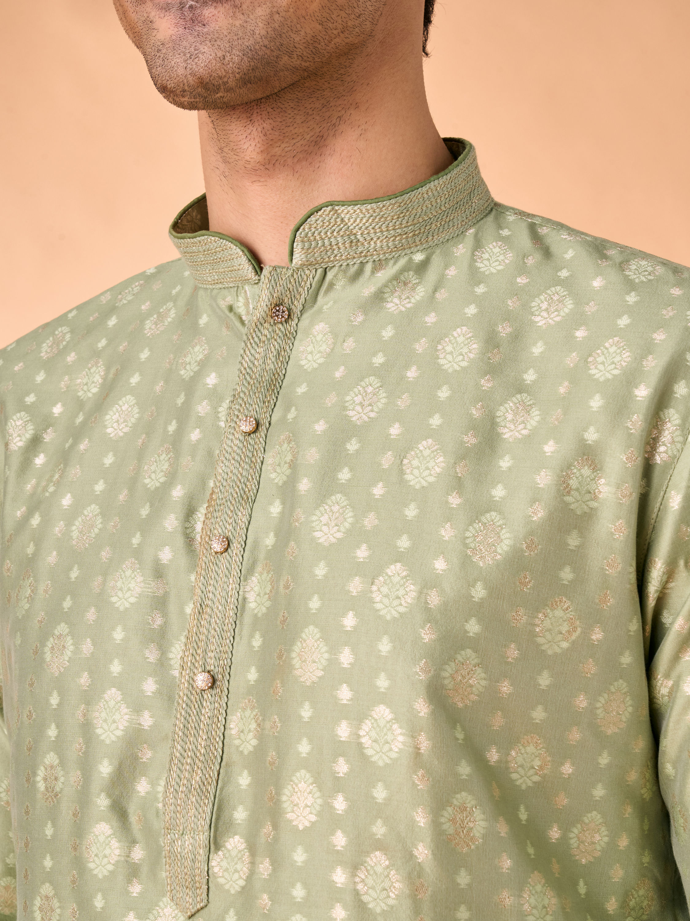 Manyavar Men Regal Brocade Green Kurta Pajama