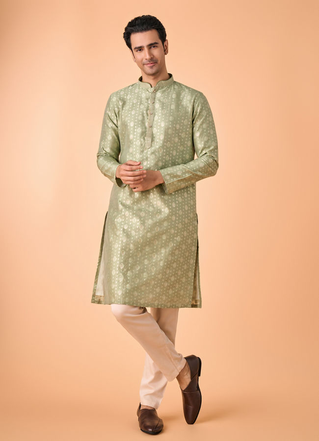 Manyavar Men Regal Brocade Green Kurta Pajama