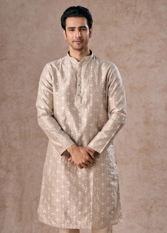 Manyavar Men Timeless Beige Brocade Kurta Pajama