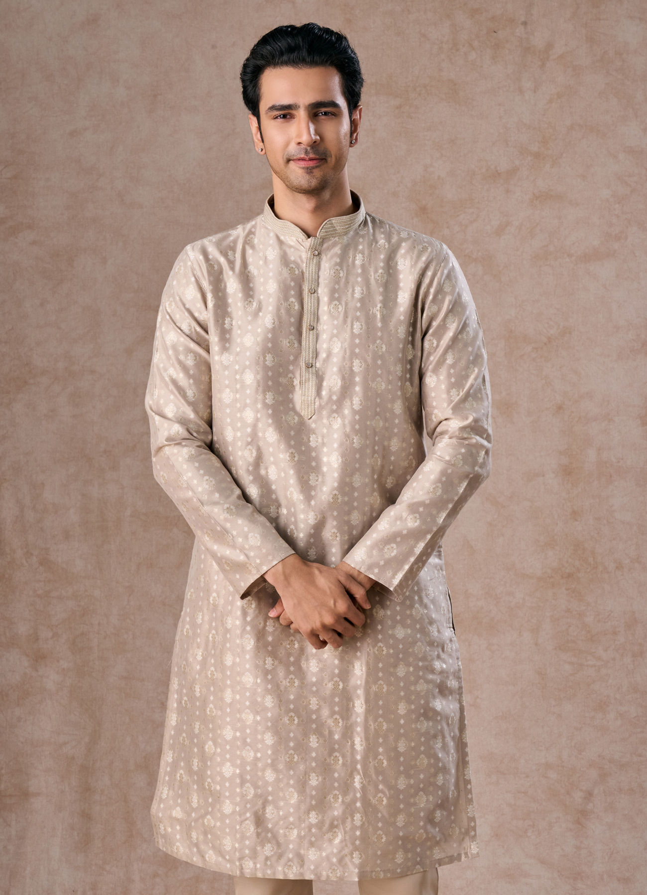 Manyavar Men Timeless Beige Brocade Kurta Pajama