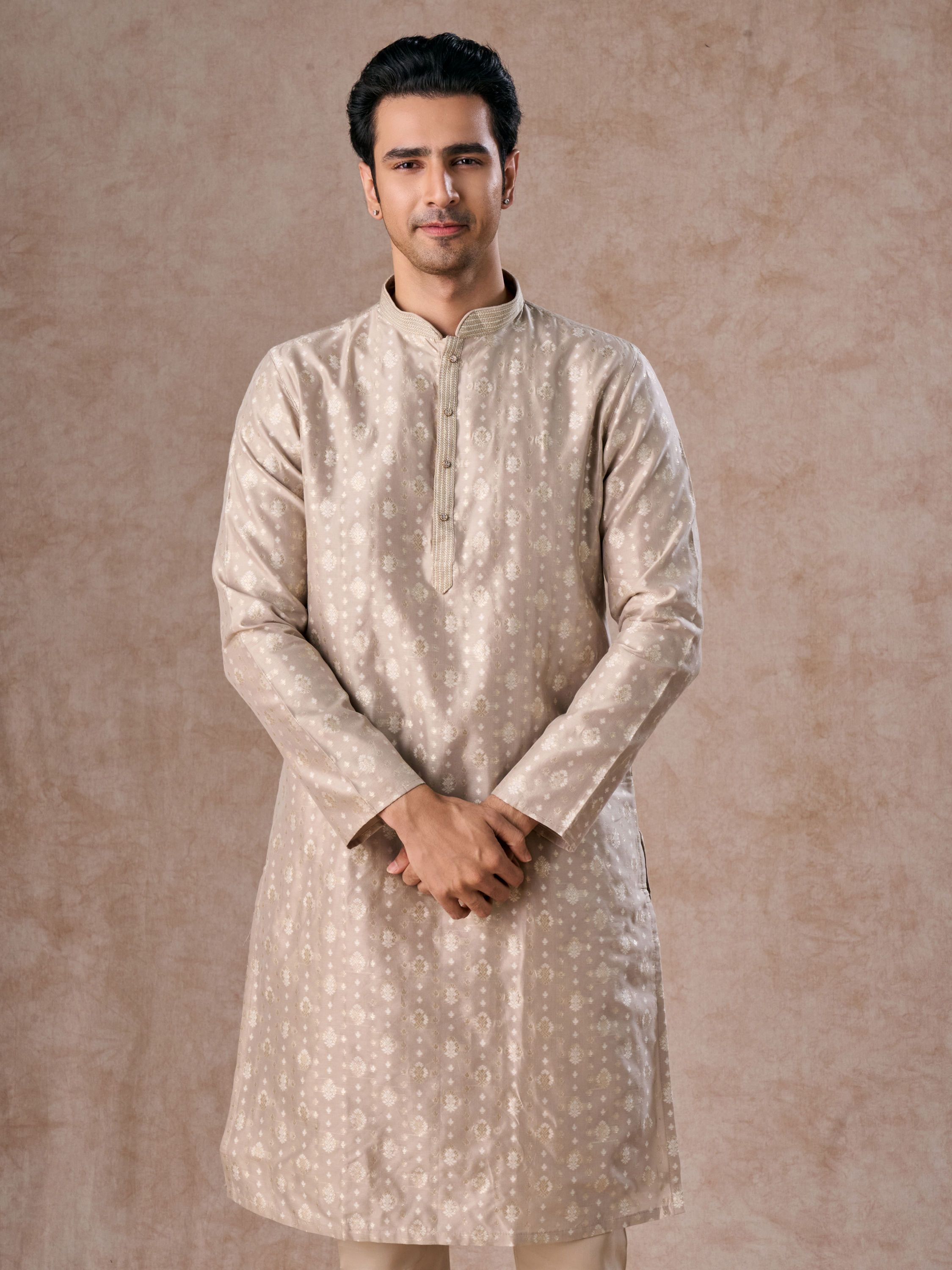 Manyavar Men Timeless Beige Brocade Kurta Pajama