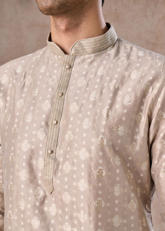 Manyavar Men Timeless Beige Brocade Kurta Pajama