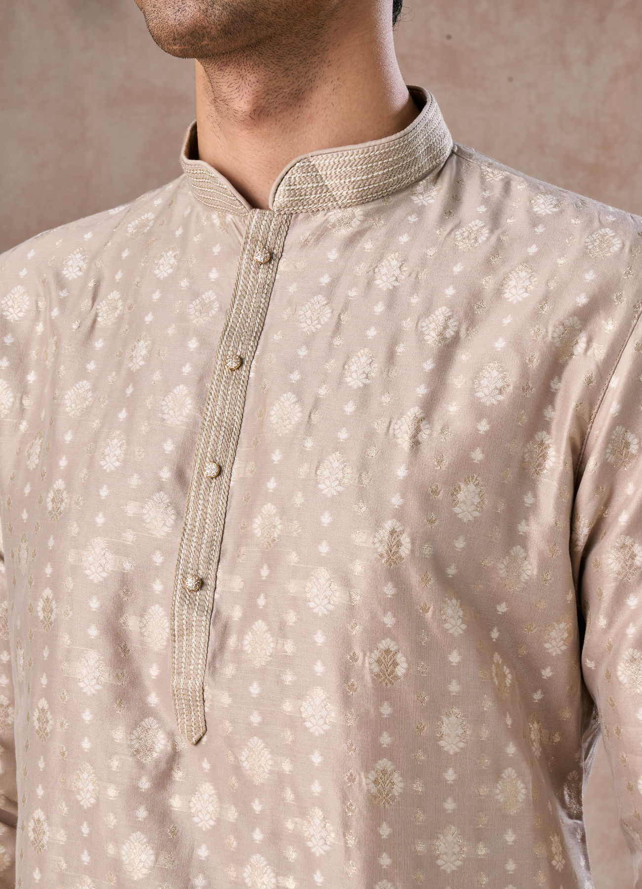 Manyavar Men Timeless Beige Brocade Kurta Pajama