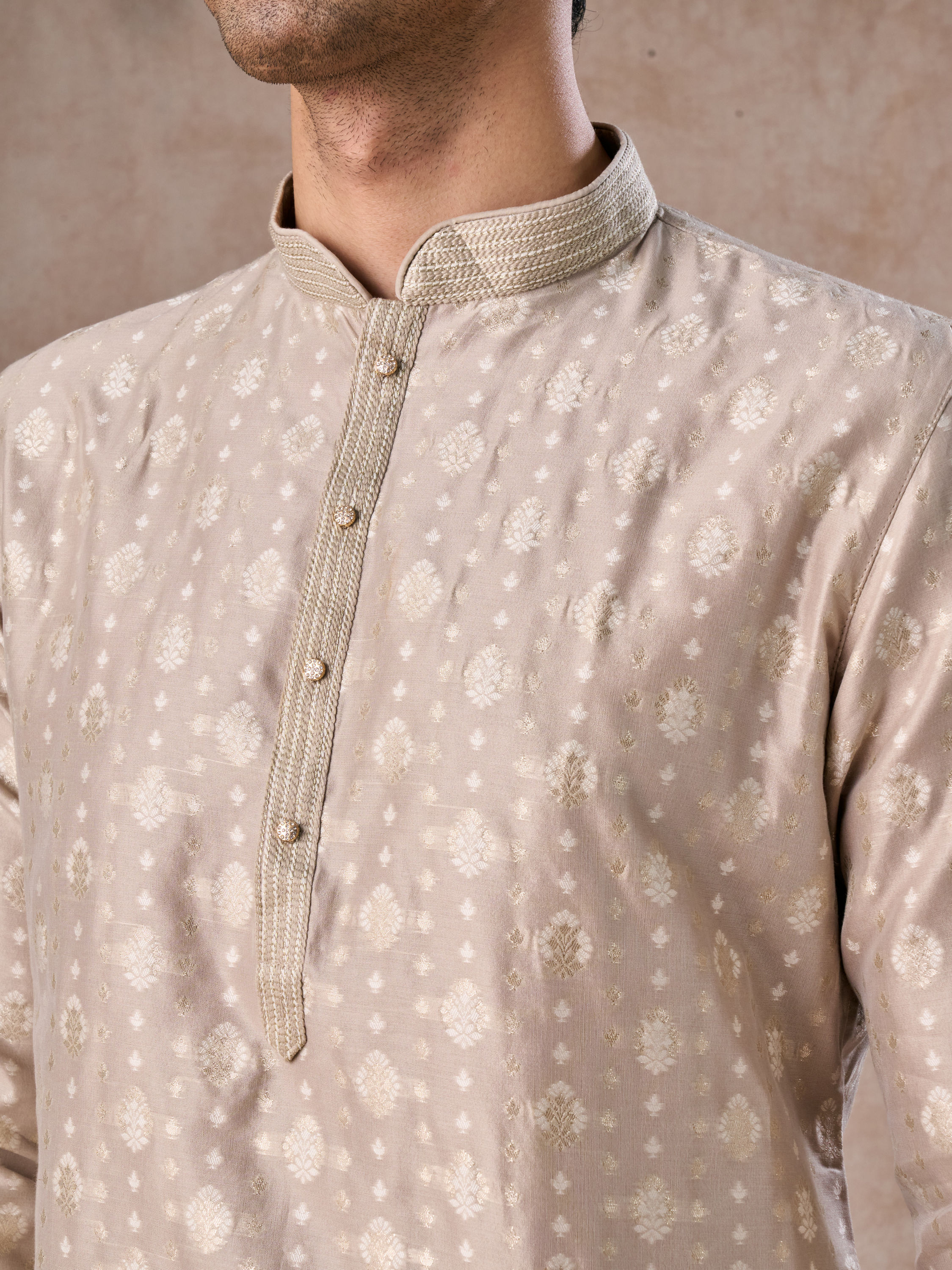 Manyavar Men Timeless Beige Brocade Kurta Pajama