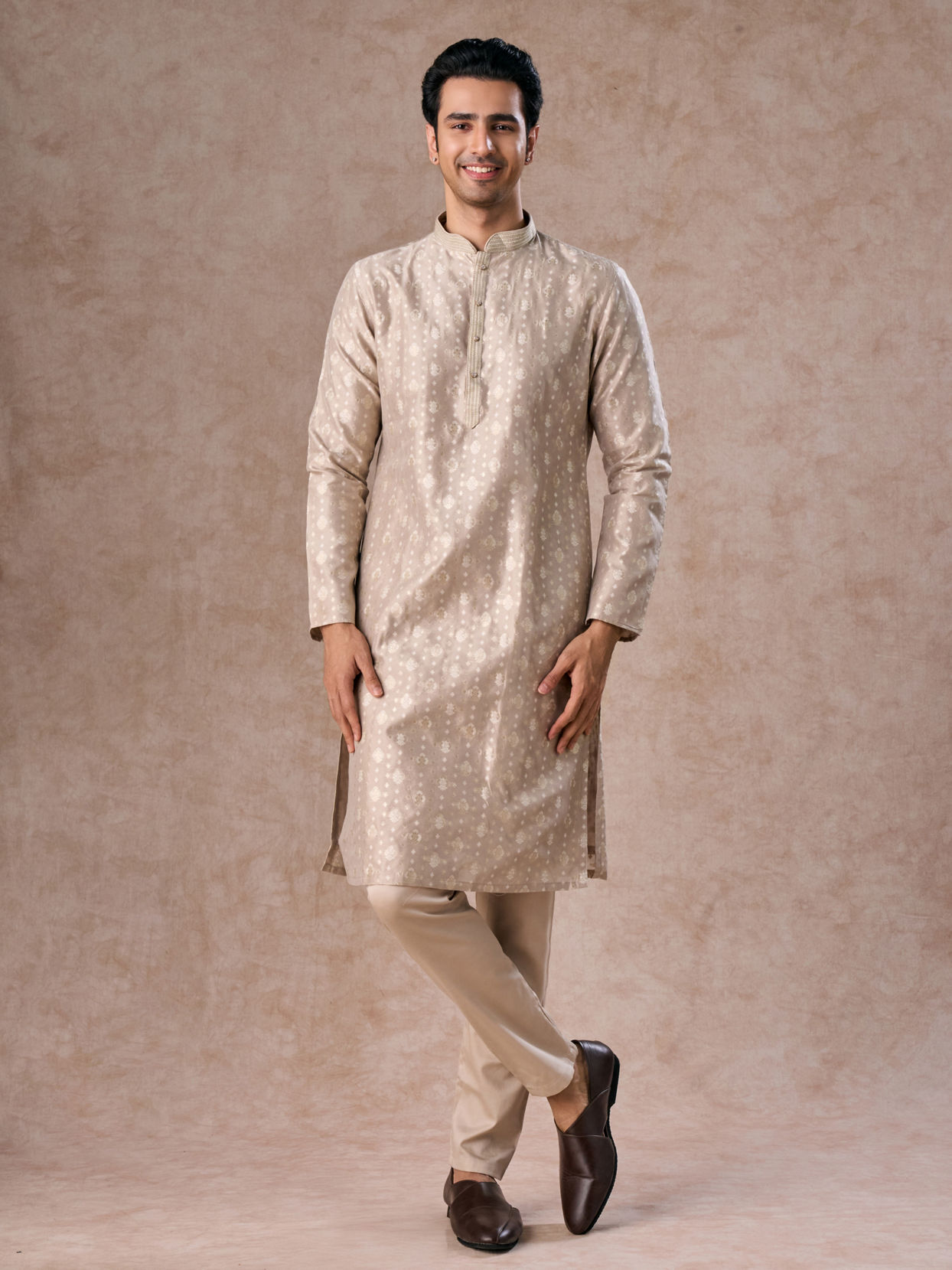 Manyavar Men Timeless Beige Brocade Kurta Pajama