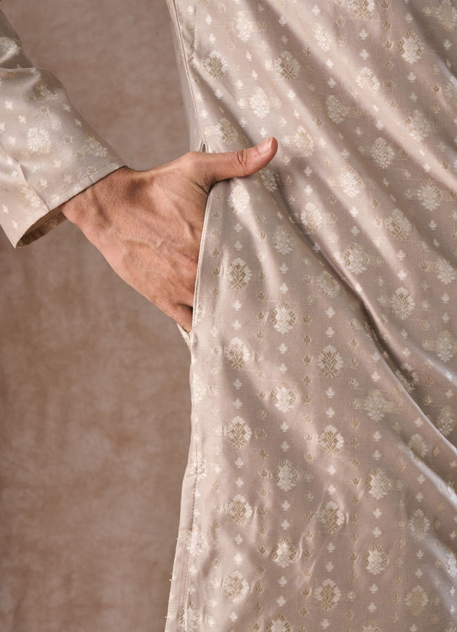 Manyavar Men Timeless Beige Brocade Kurta Pajama